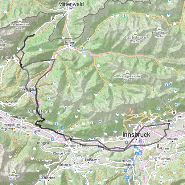 Kartminiatyr av "Arzl - Innsbruck - Seefeld in Tirol - Bergisel - Rum - Arzl" sykkelinspirasjon i Tirol, Austria. Generert av Tarmacs.app sykkelrutoplanlegger