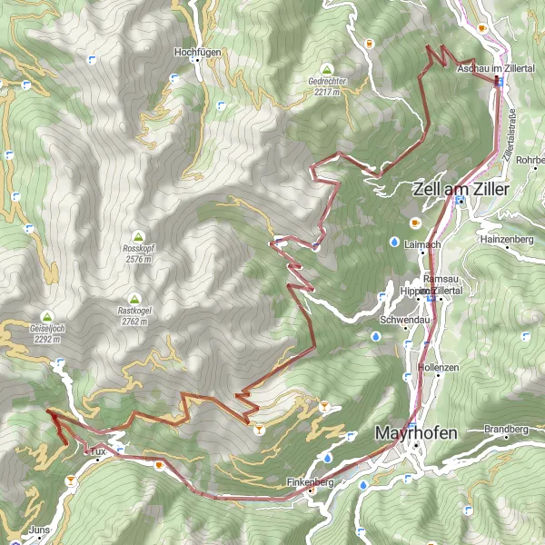 Map miniature of "Challenging Gravel Cycle to Mayrhofen and Tux" cycling inspiration in Tirol, Austria. Generated by Tarmacs.app cycling route planner