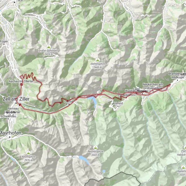 Mapa miniatúra "Gravel backcountry exploration in the Zillertal Alps" cyklistická inšpirácia v Tirol, Austria. Vygenerované cyklistickým plánovačom trás Tarmacs.app