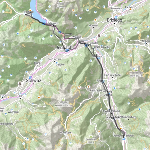 Map miniature of "Zillertal Waterfalls and Villages Road Cycling Route" cycling inspiration in Tirol, Austria. Generated by Tarmacs.app cycling route planner