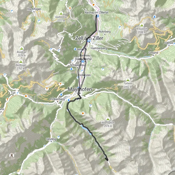 Map miniature of "Hike to Schwendau and Mayrhofen Through Scenic Roads" cycling inspiration in Tirol, Austria. Generated by Tarmacs.app cycling route planner