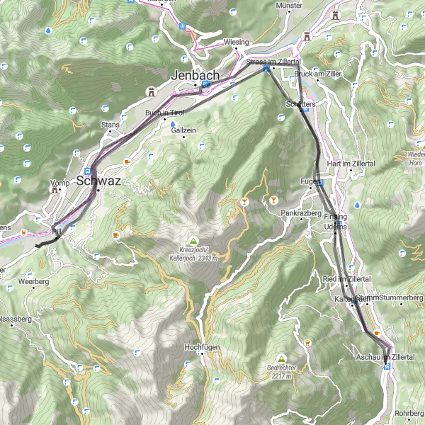 Miniatuurkaart van de fietsinspiratie "Watervallen en uitzicht op de route van Aschau im Zillertal" in Tirol, Austria. Gemaakt door de Tarmacs.app fietsrouteplanner