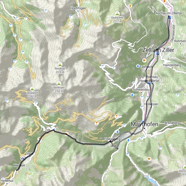 Zemljevid v pomanjšavi "Road Trip to Mayrhofen and Glocke" kolesarske inspiracije v Tirol, Austria. Generirano z načrtovalcem kolesarskih poti Tarmacs.app
