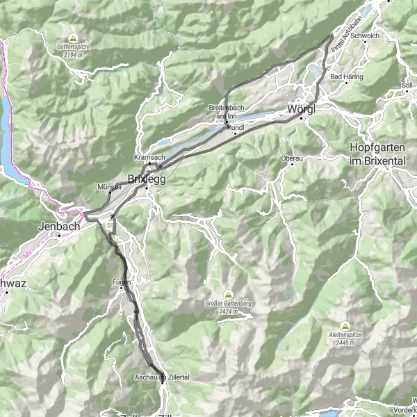 Miniatuurkaart van de fietsinspiratie "100km Road Route through Uderns en Wörgl" in Tirol, Austria. Gemaakt door de Tarmacs.app fietsrouteplanner