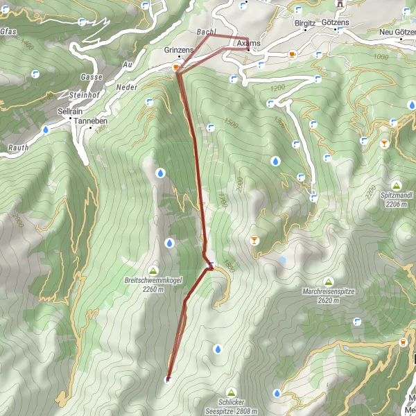 Miniatua del mapa de inspiración ciclista "Ruta Corta en Grava desde Axams" en Tirol, Austria. Generado por Tarmacs.app planificador de rutas ciclistas