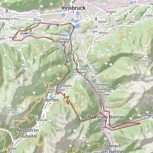 Karttaminiaatyyri "Axams - Matrei am Brenner - Mühlbachl" pyöräilyinspiraatiosta alueella Tirol, Austria. Luotu Tarmacs.app pyöräilyreittisuunnittelijalla