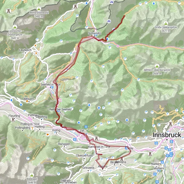 Miniaturekort af cykelinspirationen "Gravelrute: Axams til Götzens via Seefeld" i Tirol, Austria. Genereret af Tarmacs.app cykelruteplanlægger
