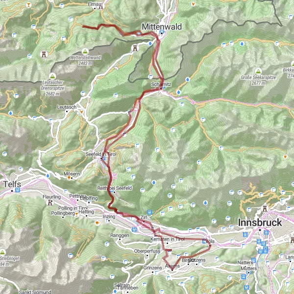 Miniatura della mappa di ispirazione al ciclismo "Tour dei Villaggi di Montagna del Tirolo" nella regione di Tirol, Austria. Generata da Tarmacs.app, pianificatore di rotte ciclistiche