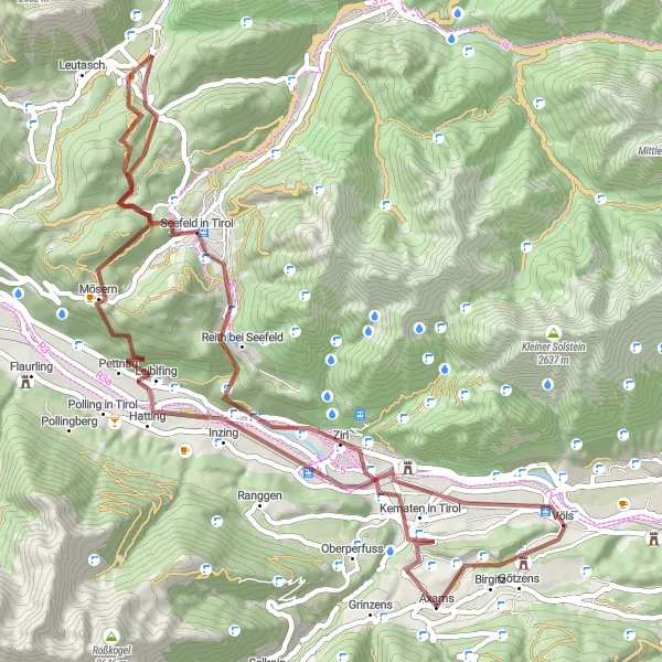 Karttaminiaatyyri "Luonnonkauniita maisemia ja historiallisia kohteita" pyöräilyinspiraatiosta alueella Tirol, Austria. Luotu Tarmacs.app pyöräilyreittisuunnittelijalla