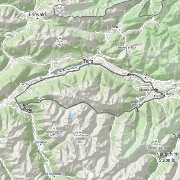 Mapa miniatúra "Road Tour from Axams" cyklistická inšpirácia v Tirol, Austria. Vygenerované cyklistickým plánovačom trás Tarmacs.app