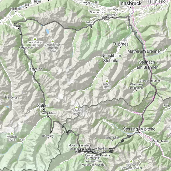 Zemljevid v pomanjšavi "Razgiban zasuk po jugu Tirola" kolesarske inspiracije v Tirol, Austria. Generirano z načrtovalcem kolesarskih poti Tarmacs.app