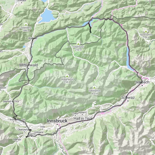 Karttaminiaatyyri "Zirl - Wallgau - Götzens" pyöräilyinspiraatiosta alueella Tirol, Austria. Luotu Tarmacs.app pyöräilyreittisuunnittelijalla
