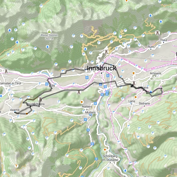 Miniatua del mapa de inspiración ciclista "Ruta de Axams a Knappen" en Tirol, Austria. Generado por Tarmacs.app planificador de rutas ciclistas