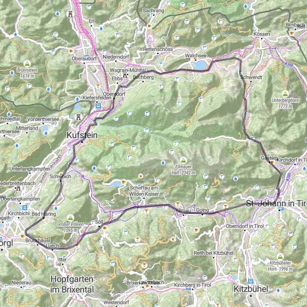 Miniatua del mapa de inspiración ciclista "Ruta de carretera de Bad Häring a Bruckhäusl" en Tirol, Austria. Generado por Tarmacs.app planificador de rutas ciclistas