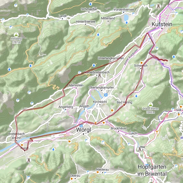 Kartminiatyr av "Äventyrlig grusväg runt Breitenbach am Inn" cykelinspiration i Tirol, Austria. Genererad av Tarmacs.app cykelruttplanerare