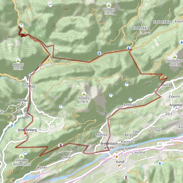 Miniatua del mapa de inspiración ciclista "Aventura en bicicleta de grava cerca de Breitenbach am Inn" en Tirol, Austria. Generado por Tarmacs.app planificador de rutas ciclistas