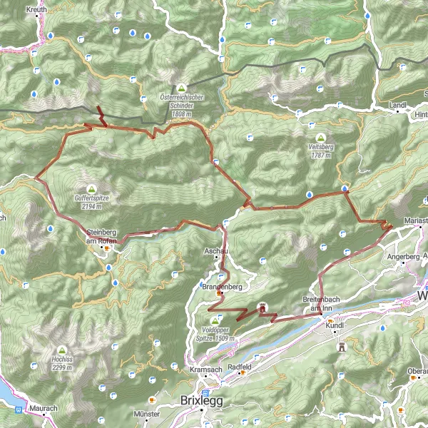 Mapa miniatúra "Náročná gravelová trasa s prespevaním" cyklistická inšpirácia v Tirol, Austria. Vygenerované cyklistickým plánovačom trás Tarmacs.app