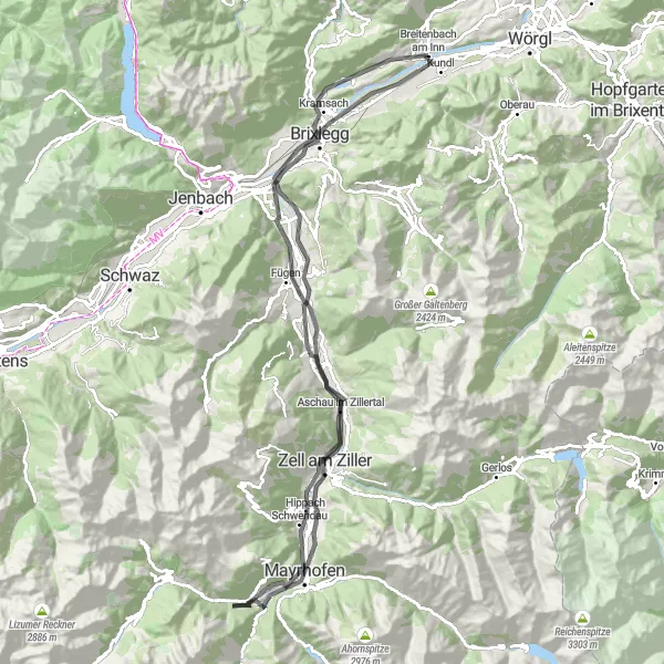 Karttaminiaatyyri "Pyöräily kohti Mayrhofenia" pyöräilyinspiraatiosta alueella Tirol, Austria. Luotu Tarmacs.app pyöräilyreittisuunnittelijalla