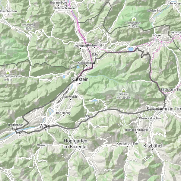 Kartminiatyr av "Spännande cykeltur genom Tiroldalen" cykelinspiration i Tirol, Austria. Genererad av Tarmacs.app cykelruttplanerare