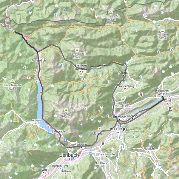 Miniaturní mapa "Road okolo Achensee" inspirace pro cyklisty v oblasti Tirol, Austria. Vytvořeno pomocí plánovače tras Tarmacs.app