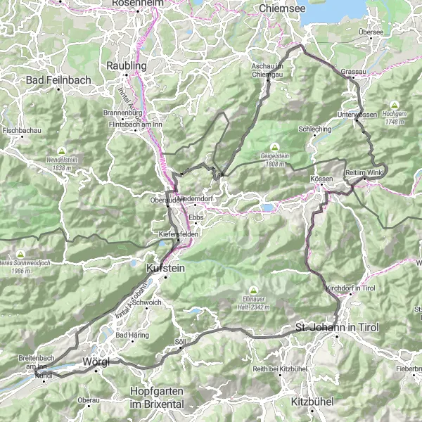 Map miniature of "Breitenbach am Inn Loop" cycling inspiration in Tirol, Austria. Generated by Tarmacs.app cycling route planner