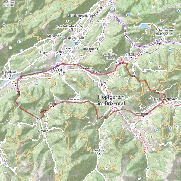 Miniaturní mapa "Gravelový okruh poblíž Brixen im Thale" inspirace pro cyklisty v oblasti Tirol, Austria. Vytvořeno pomocí plánovače tras Tarmacs.app