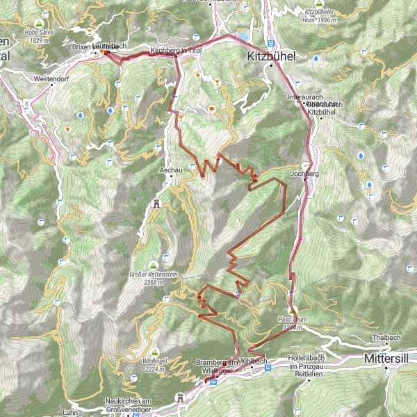 Miniatua del mapa de inspiración ciclista "Aventura extrema de 100 km en bici de grava cerca de Brixen im Thale" en Tirol, Austria. Generado por Tarmacs.app planificador de rutas ciclistas