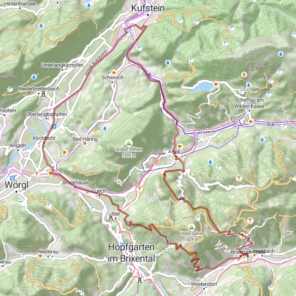 Mapa miniatúra "Gravel cyklotrasa Brixen im Thale - Itter" cyklistická inšpirácia v Tirol, Austria. Vygenerované cyklistickým plánovačom trás Tarmacs.app