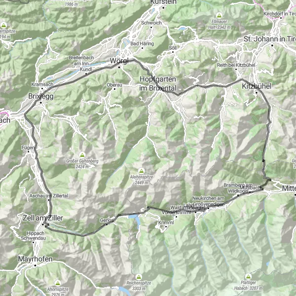 Karttaminiaatyyri "Haastava Kitzbühel-kierros" pyöräilyinspiraatiosta alueella Tirol, Austria. Luotu Tarmacs.app pyöräilyreittisuunnittelijalla