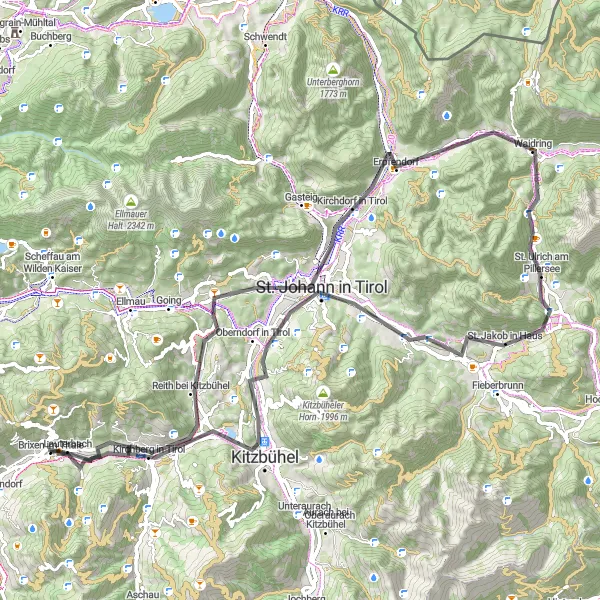 Mapa miniatúra "Cyklotrasa na cestných bicykloch začínajúca v blízkosti Brixen im Thale (Tirol, Rakúsko)" cyklistická inšpirácia v Tirol, Austria. Vygenerované cyklistickým plánovačom trás Tarmacs.app