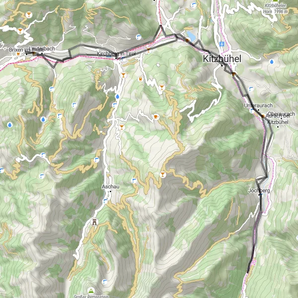 Karttaminiaatyyri "Historiallinen retki Aurach bei Kitzbüheliin" pyöräilyinspiraatiosta alueella Tirol, Austria. Luotu Tarmacs.app pyöräilyreittisuunnittelijalla