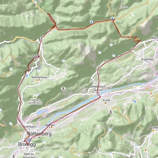 Mapa miniatúra "Gravel Brixlegg Circuit" cyklistická inšpirácia v Tirol, Austria. Vygenerované cyklistickým plánovačom trás Tarmacs.app