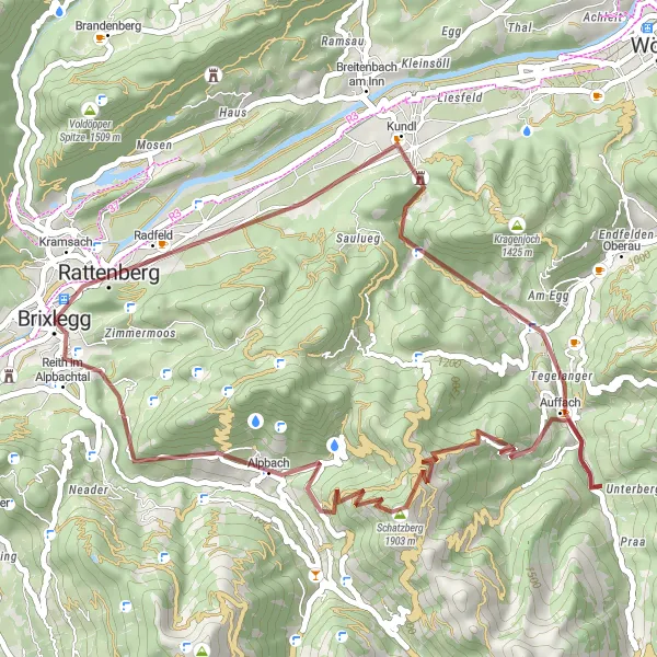 Mapa miniatúra "Okolo horských chodníkov nad Kundl" cyklistická inšpirácia v Tirol, Austria. Vygenerované cyklistickým plánovačom trás Tarmacs.app