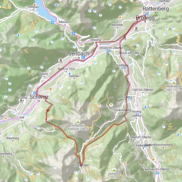 Miniatuurkaart van de fietsinspiratie "Gravelavontuur door de bergen" in Tirol, Austria. Gemaakt door de Tarmacs.app fietsrouteplanner