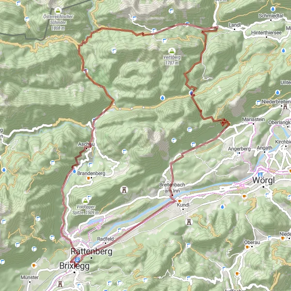 Miniatuurkaart van de fietsinspiratie "Gravelroute rond Brixlegg" in Tirol, Austria. Gemaakt door de Tarmacs.app fietsrouteplanner