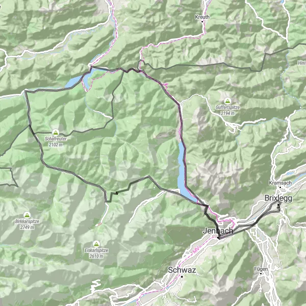 Mapa miniatúra "Okruhová cyklotrasa cez horské oblasti Tirolska" cyklistická inšpirácia v Tirol, Austria. Vygenerované cyklistickým plánovačom trás Tarmacs.app