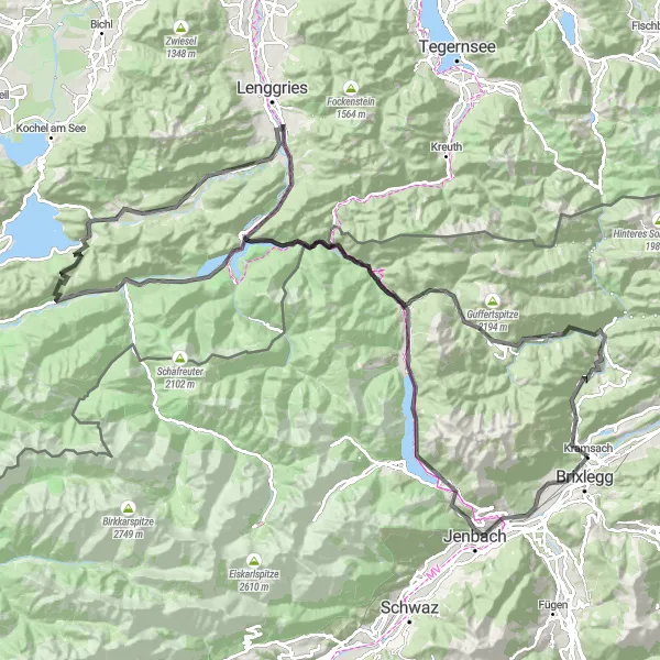 Mapa miniatúra "Alpská výzva" cyklistická inšpirácia v Tirol, Austria. Vygenerované cyklistickým plánovačom trás Tarmacs.app