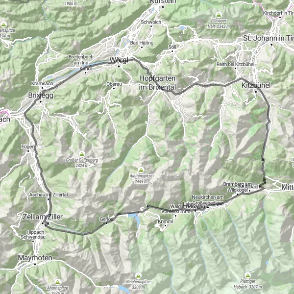 Mapa miniatúra "Okruhová cyklotrasa cez horské vrcholy Tirolska" cyklistická inšpirácia v Tirol, Austria. Vygenerované cyklistickým plánovačom trás Tarmacs.app