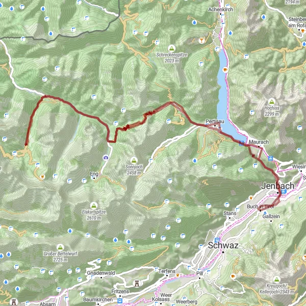 Miniatura della mappa di ispirazione al ciclismo "Avventura in fuoristrada tra Jenbach e Burgeck" nella regione di Tirol, Austria. Generata da Tarmacs.app, pianificatore di rotte ciclistiche