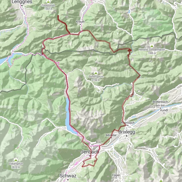 Zemljevid v pomanjšavi "Naravna lepota na gravel poti blizu Bucha" kolesarske inspiracije v Tirol, Austria. Generirano z načrtovalcem kolesarskih poti Tarmacs.app