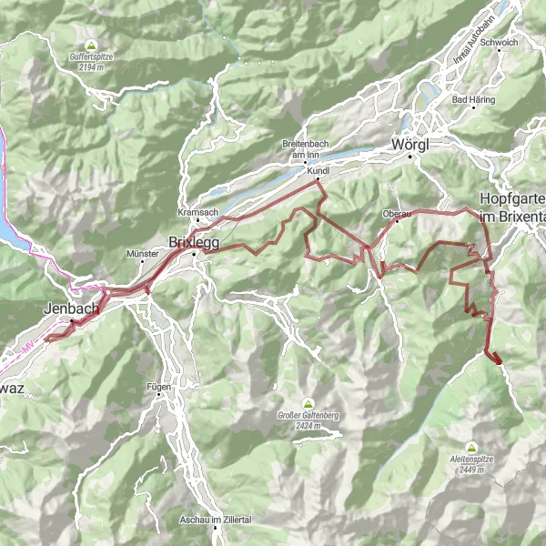 Miniatura della mappa di ispirazione al ciclismo "Esplorazione Gravel tra Le Montagne del Tirol" nella regione di Tirol, Austria. Generata da Tarmacs.app, pianificatore di rotte ciclistiche