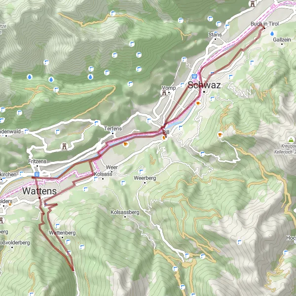 Miniatua del mapa de inspiración ciclista "Ruta de grava de Terfens a Die "Schöne Aussicht"" en Tirol, Austria. Generado por Tarmacs.app planificador de rutas ciclistas