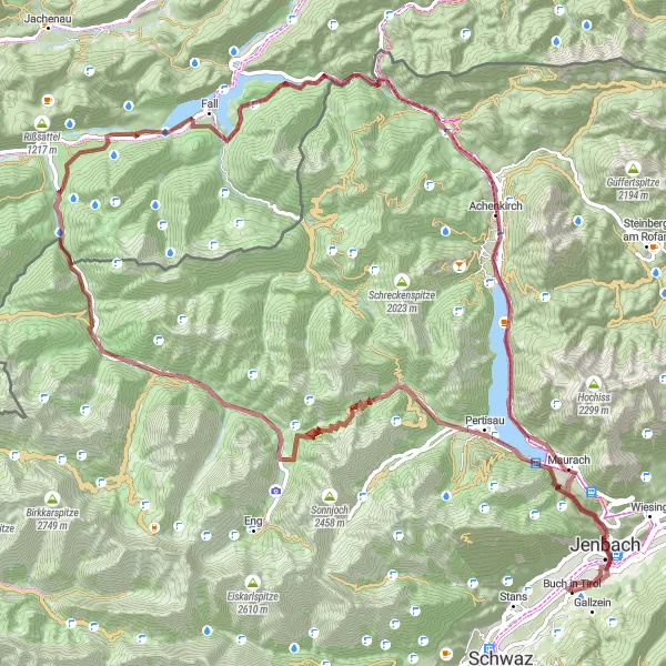 Kartminiatyr av "Grusvei eventyr rundt Achensee" sykkelinspirasjon i Tirol, Austria. Generert av Tarmacs.app sykkelrutoplanlegger