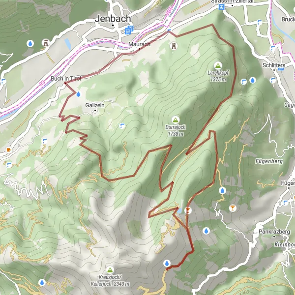 Miniatua del mapa de inspiración ciclista "Ruta de grava de Gallzein a Burgruine Rottenburg" en Tirol, Austria. Generado por Tarmacs.app planificador de rutas ciclistas