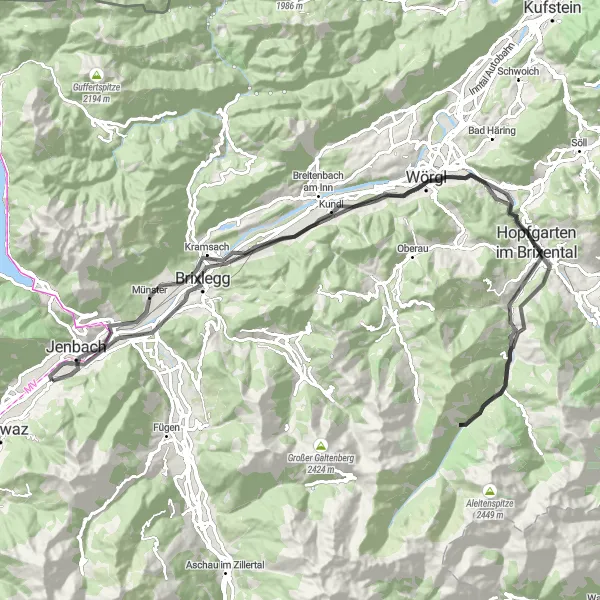 Miniatua del mapa de inspiración ciclista "Ruta en Carretera por Brixental" en Tirol, Austria. Generado por Tarmacs.app planificador de rutas ciclistas