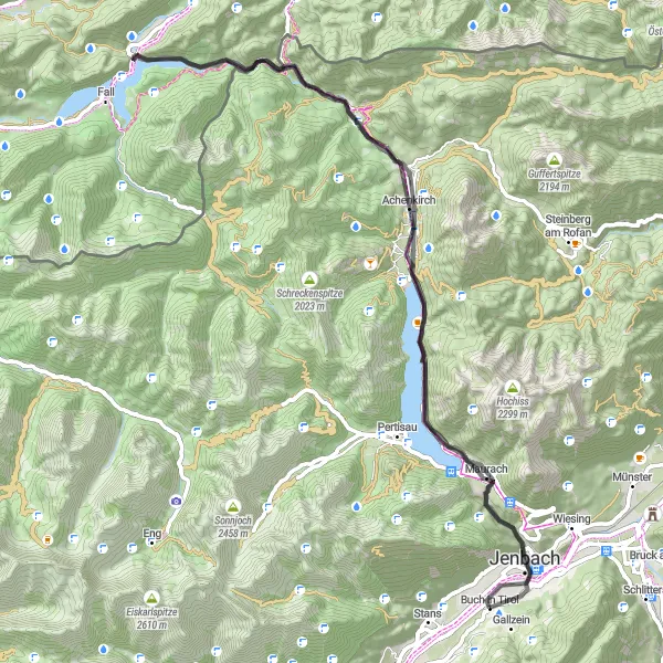 Miniatura della mappa di ispirazione al ciclismo "Giro Panoramico in Bici tra Monti e Laghi" nella regione di Tirol, Austria. Generata da Tarmacs.app, pianificatore di rotte ciclistiche