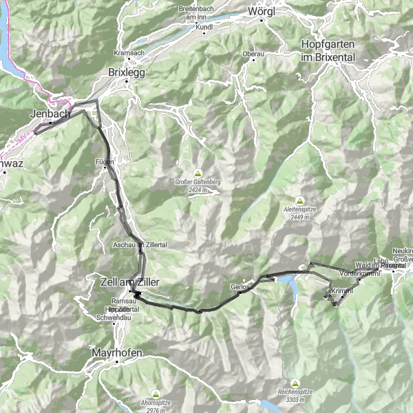 Miniatura della mappa di ispirazione al ciclismo "Tour in bici tra Uderns e Zell am Ziller" nella regione di Tirol, Austria. Generata da Tarmacs.app, pianificatore di rotte ciclistiche