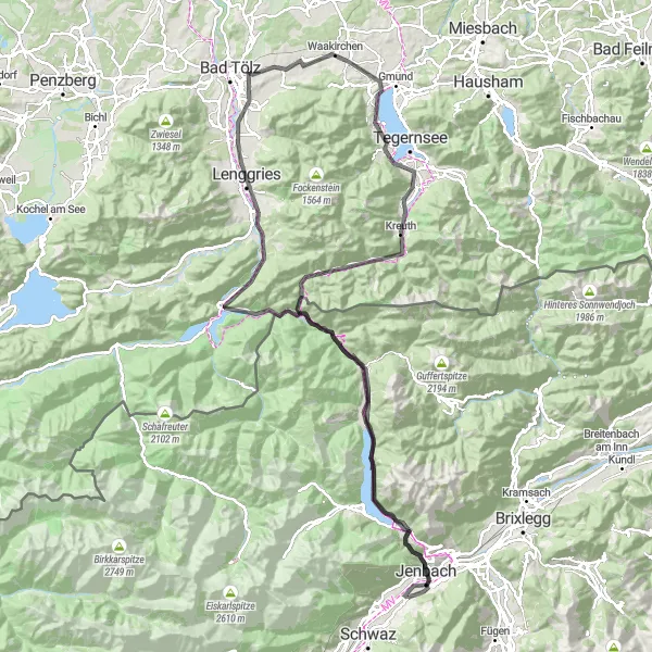 Miniature de la carte de l'inspiration cycliste "Buch - Waakirchen Circuit" dans la Tirol, Austria. Générée par le planificateur d'itinéraire cycliste Tarmacs.app