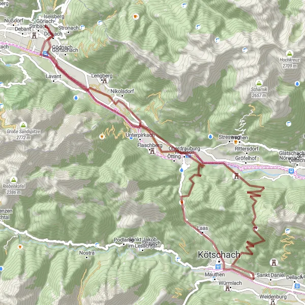 Kartminiatyr av "Utfordrende Terreng fra Debant til Dölsach" sykkelinspirasjon i Tirol, Austria. Generert av Tarmacs.app sykkelrutoplanlegger