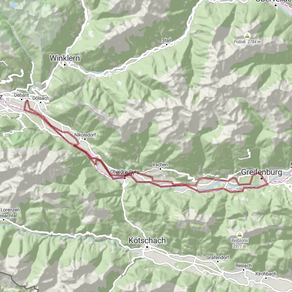 Zemljevid v pomanjšavi "Gorska dogodivščina v dolini Drave" kolesarske inspiracije v Tirol, Austria. Generirano z načrtovalcem kolesarskih poti Tarmacs.app